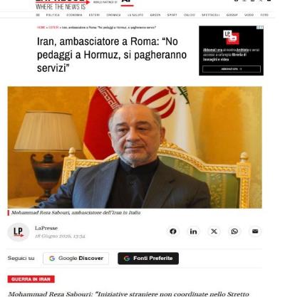Testo intervista di S.E. Mohammad Reza Sabouri con il quotidiano La prese